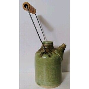 Vintage K Glatz Studio Pottery Green Ceramic Syrup Pourer Jug Wood Wire Handle